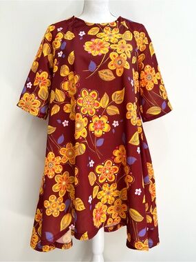 Vintage 60’s 70’s handmade retro swing dress short sleeve maroon yellow floral